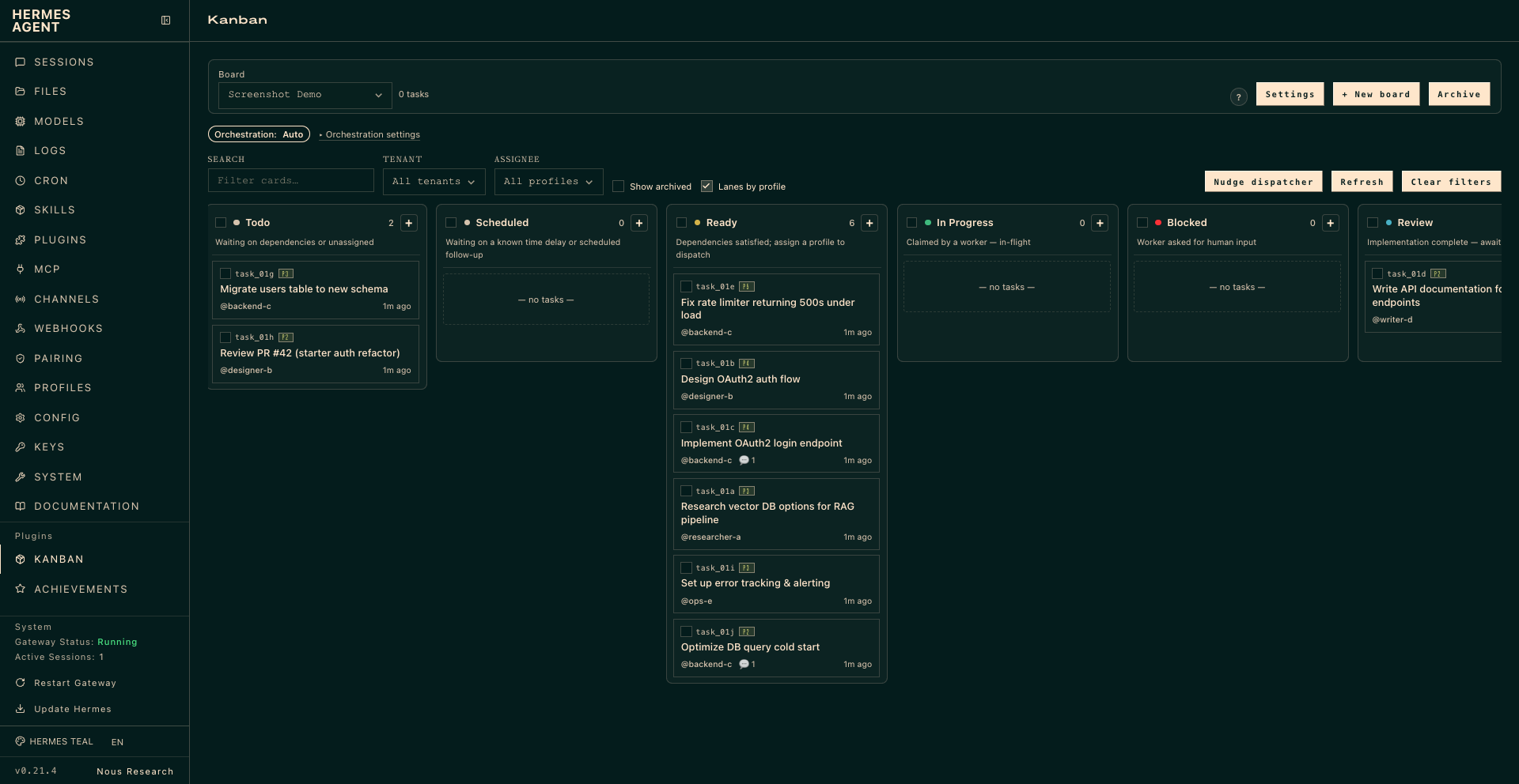 Hermes Kanban dashboard, meant for agents to pick up their tasks